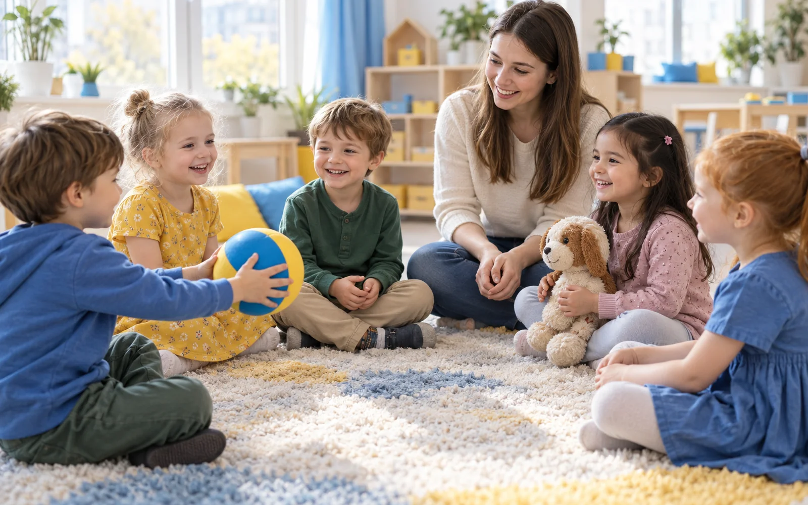 Малыши 4–6 лет играют с мячом и игрушкой на занятии английским в мини-группе